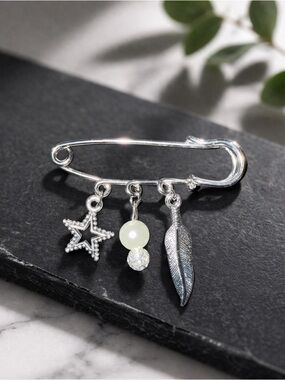 Silver Star, Pearl & Feather Charm Safety Pin Brooch - Women Jewelry